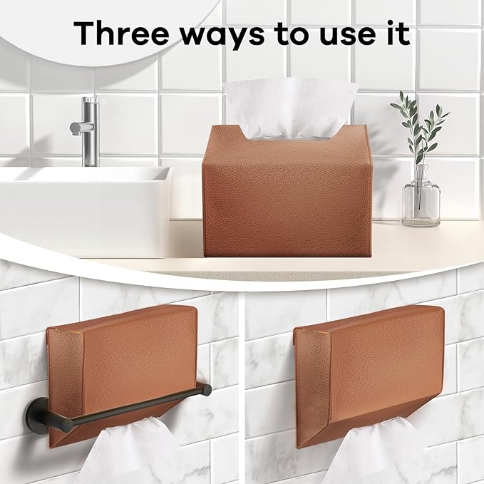 Disposable Hand Towel Box Cover Compatible with Kleenex Disposable Paper Hand Towels, Leather Tissue Box Cover Holder for Bathroom Holder (Brown-2 Pack)