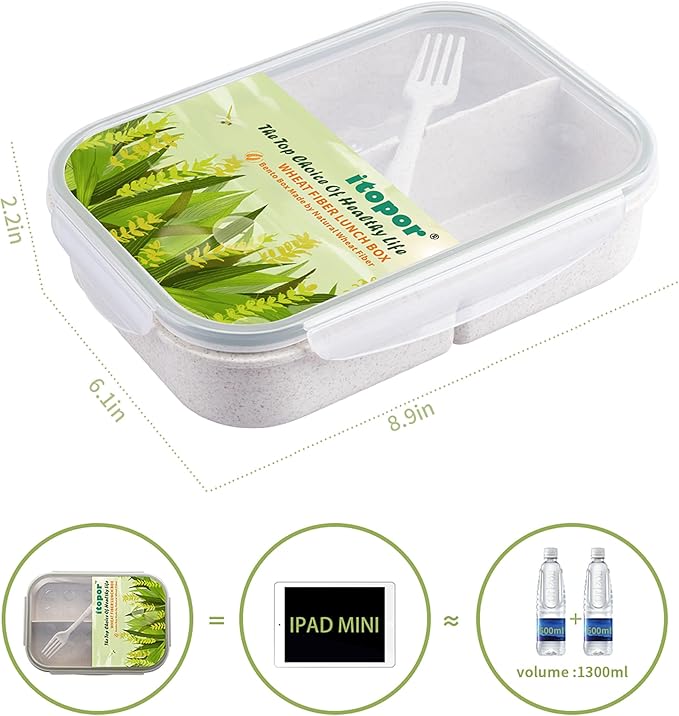 Wheat Straw Lunch Box - Leakproof Bento Box for Kids & Adults, BPA-Free 3-Compartment Food Containers, Microwave & Dishwasher Safe (Warm White, 5.5 Cup)