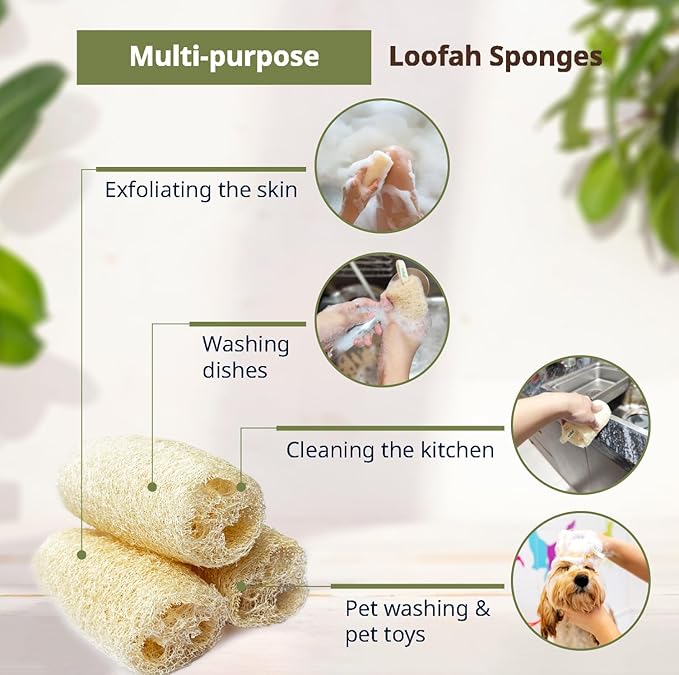 Natural Loofah Sponge – Shower Loofah Exfoliating Body Scrubber for Women & Men | Multi-Use Sponge for Shower, Spa, Kitchen, Pet | 100% Natural, Dye-Free, Eco-Friendly | Pack of 4