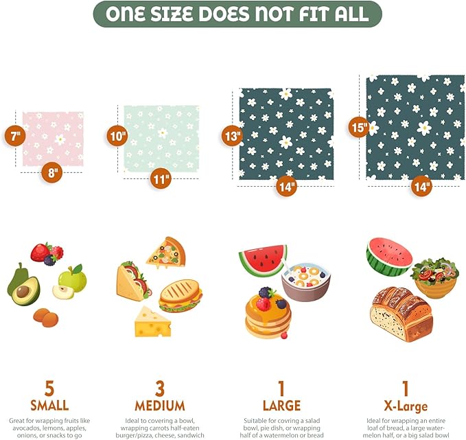 Akeeko Reusable Beeswax Food Wraps - Assorted 9 Packs, Reusable, Plastic-Free Food Storage, 5 Small, 2 Medium, 1 Large, 1 Extra Large Wraps with Boho Flowers Pattern