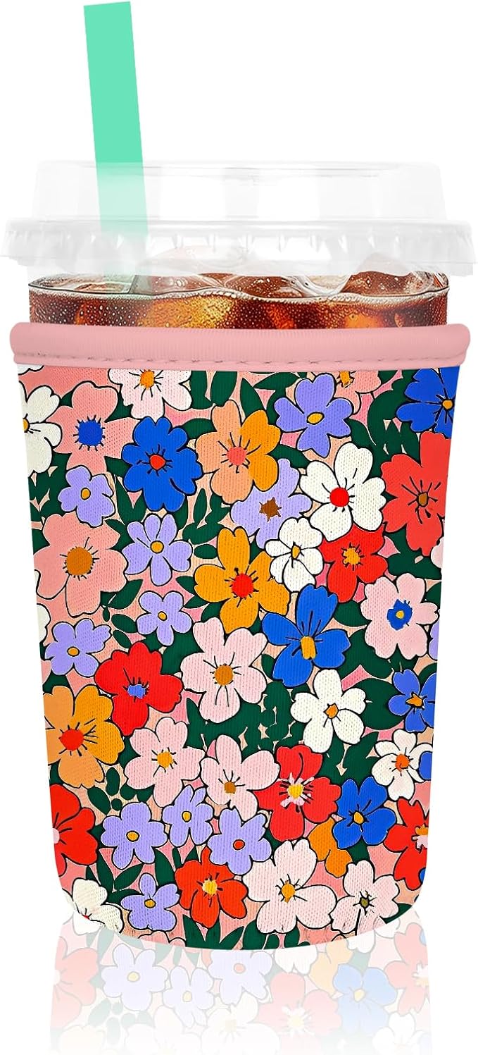 Iced Coffee Sleeve, Reusable Insulated Neoprene Cup Sleeve for Cold & Hot Drinks Beverages, Cup Holder for 16oz-18oz Coffee Cups, Watercolor Flowers