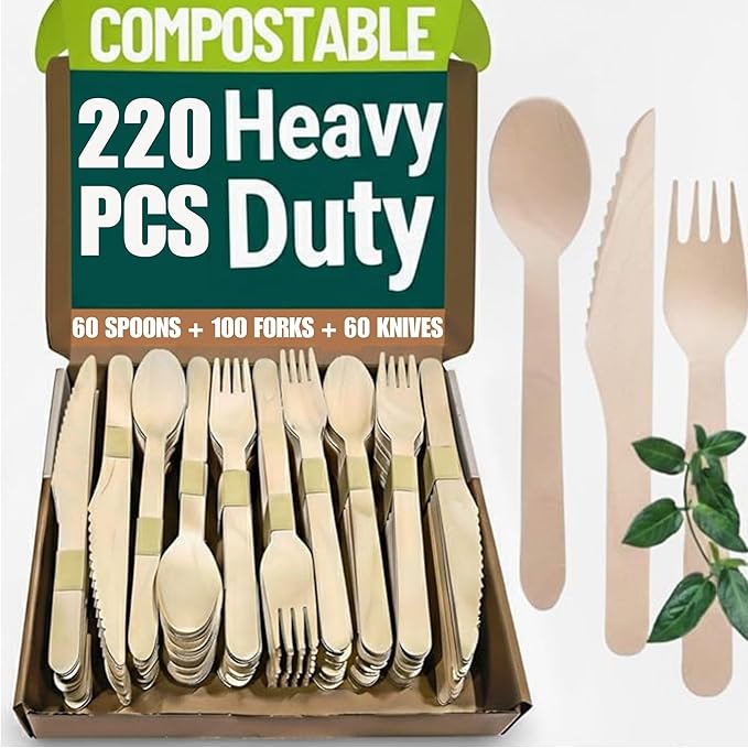 Wooden Cutlery Set Disposable - 220 PCS Wooden Compostable forks and Spoons with 100 Forks, 60 Spoons, and 60 Knives - Disposable Utensils Set for Outdoor, Party, Camping & More
