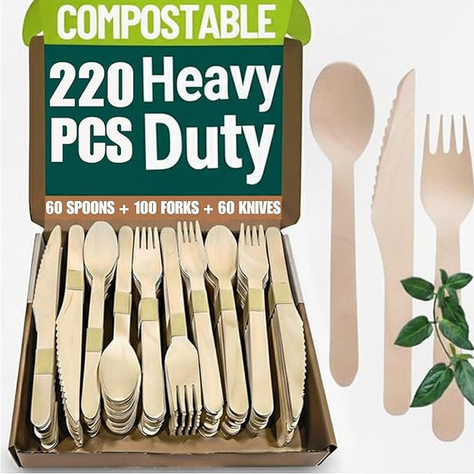 Wooden Cutlery Set Disposable - 220 PCS Wooden Compostable forks and Spoons with 100 Forks, 60 Spoons, and 60 Knives - Disposable Utensils Set for Outdoor, Party, Camping & More