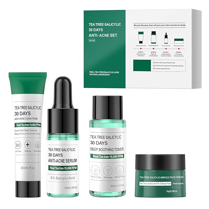 Tea Tree Salicylic Acid Facial Skin Care Set,Travel Size Gifts Set Cystic Hormonal Acne Treatment Face Wash Cleanser, Facial Toner Cream Moisturizer Travel Essentials for Pimple