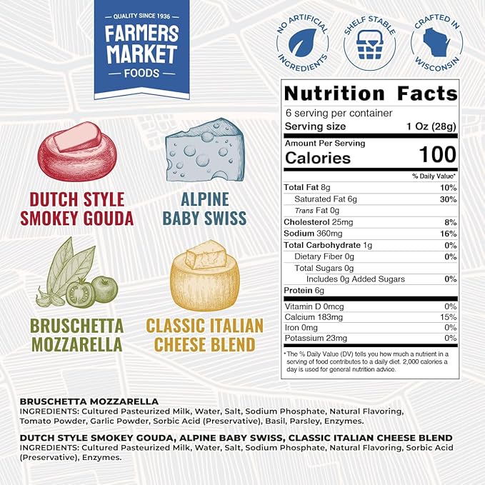 Farmers Market, Gluten Free, Keto, Paleo, Low Sodium, Zero Sugar, Wisconsin Cheese Gift Sets, 6oz 4 Count