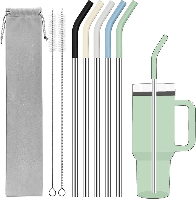 Set of 5 Stainless Steel Straws for 40 Oz Tumbler,For Stanley 40 Oz Tumbler, Reusable Metal Straw with 10 Silicone Tips and 2 Straw Cleaning Brush（5 colours 1, 40oz）