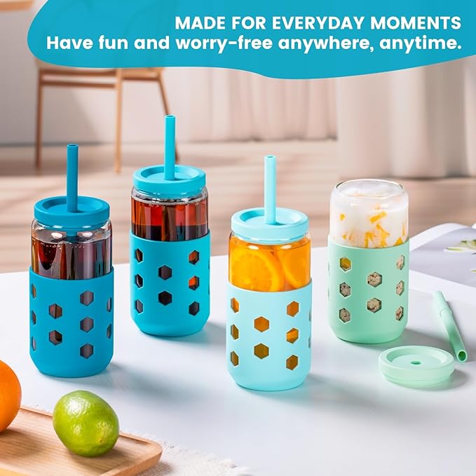 Glass Cups with Lids and Straws (4 Pcs), 16oz Drinking Glasses Set with Silicone Sleeves for Coffee Bar Accessories Iced Coffee Cups with Lids, Glass Tumbler Reusable for Gifts