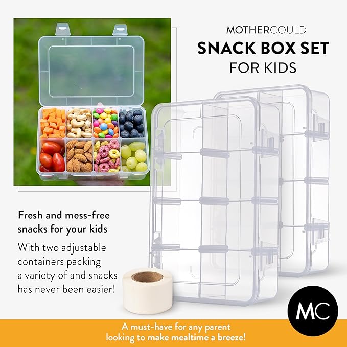 Snack Box Containers Set of 2-Reusable,100 Dissolvable Labels, 8 Adjustable Compartments, Dishwasher Safe, BPA-Free, Food Grade, Durable Design, PARENT TESTED PARENT APPROVED AWARD (2 Pack)(Clear)