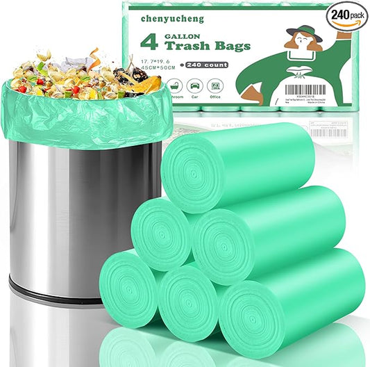 Small Trash Bags Bathroom 4 Gallon-Biodegradable - Green Garbage Bags 4 Gallon Compostable 240 Count Unscented Strong Kitchen Office Car Waste Basket Liners Thick Chenyucheng Bulk