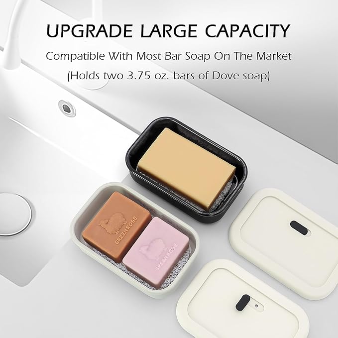 Enhanced Leak Proof Travel Soap Case,Shatterproof Silicone Soap Holder for Traveling, Shampoo and Conditioner Bars Dish with Slip Soap Saver Pad,Portable Soap Box (Offwhite&Offwhite)