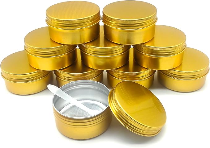 80ml Aluminum Tin Jar, Refillable Makeup Container 80g Gold Screw up Lid Small Round Container Bottle for Cosmetics, Lip Balm, Cream, Toner, Eyeshadow, Candle, Tea, Beads, Nails, 10 Pack Tins