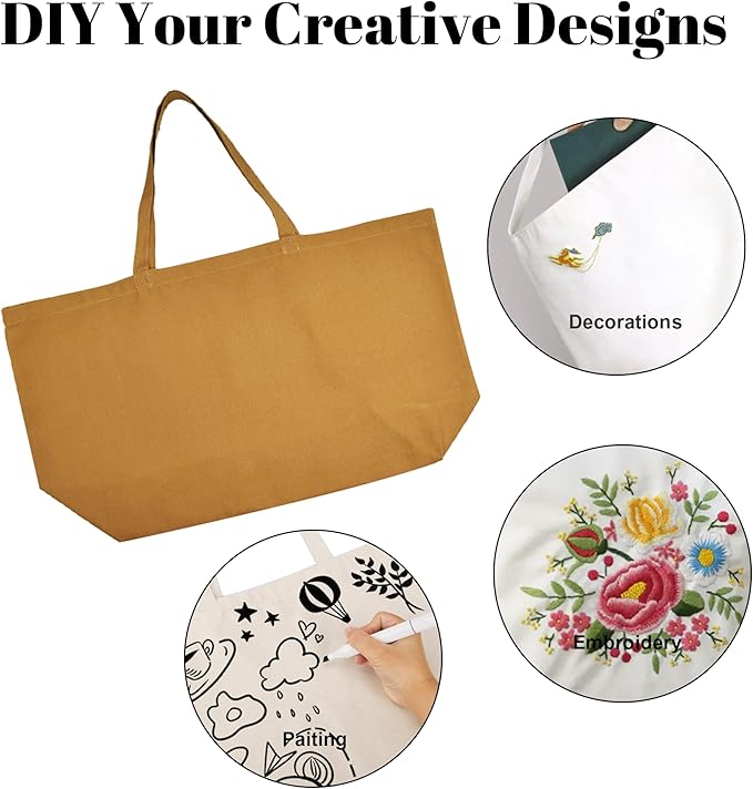 Large Canvas Tote Bag - Reusable Grocery Bag Foldable Heavy Duty Shopping Bag for DIY Art Crafts Painting Embroidery