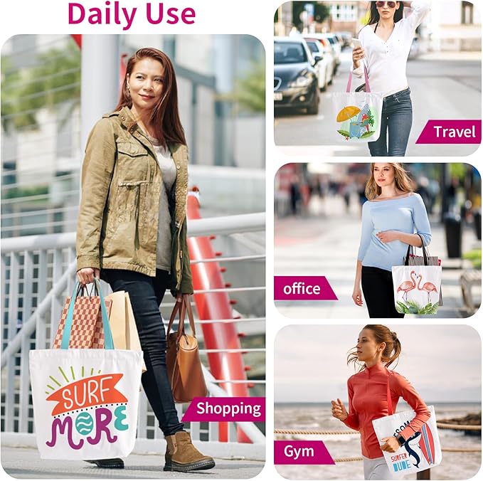 10 Pack Canvas Tote Bag with Zipper, Reusable Grocery Bags with Long Handle, DIY Heat Transfer Sublimation Blanks Shopping Bags for Advertising, Birthday, Thanksgiving, Christmas Craft Bags