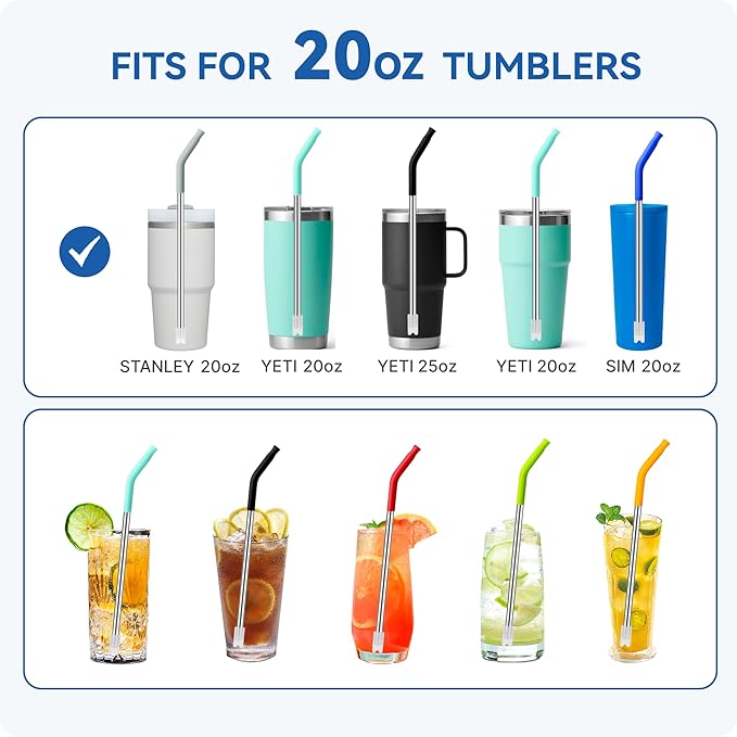 Reusable Metal Straws with Silicone Tip for Stanley 20oz,Stainless Steel Drinking Straws for 20oz Tumbler,3 Straight Tubes & 6 Tips& 1 Cleanr Brush(Iris)