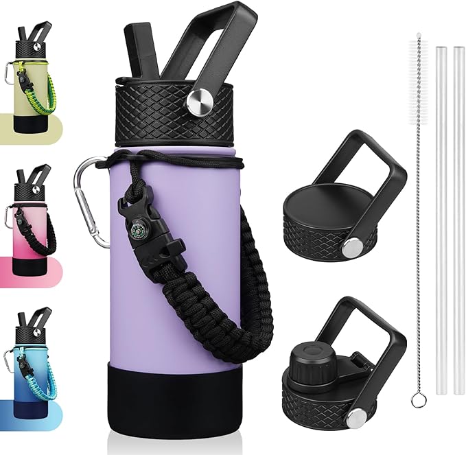 BJPKPK Water Bottle with Straw Lid, 18oz Insulated Water Bottles with 3 Lids, Paracord Handle & Non-slip Boot, Metal Stainless Steel Thermal Flasks, BPA Free Leak Proof Cups, Tumblers,Lavender