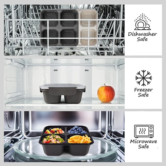 greenandlife 4 Pack Bento Lunch Box Set for Kids Adults, 4 Compartment Reusable Wheat Straw Meal Prep Food Storage Snack Containers, Stackable Snack box, Microwave and Dishwasher Safe, Grey+Black
