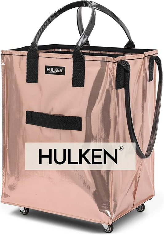 (Large, Rose Gold) Reusable Grocery Bag On Wheels, Shopping Trolley, Rolling Tote, Zipper Closure, Lightweight, Carries Up to 66 lb, Folds Flat, Unbreakable Handles