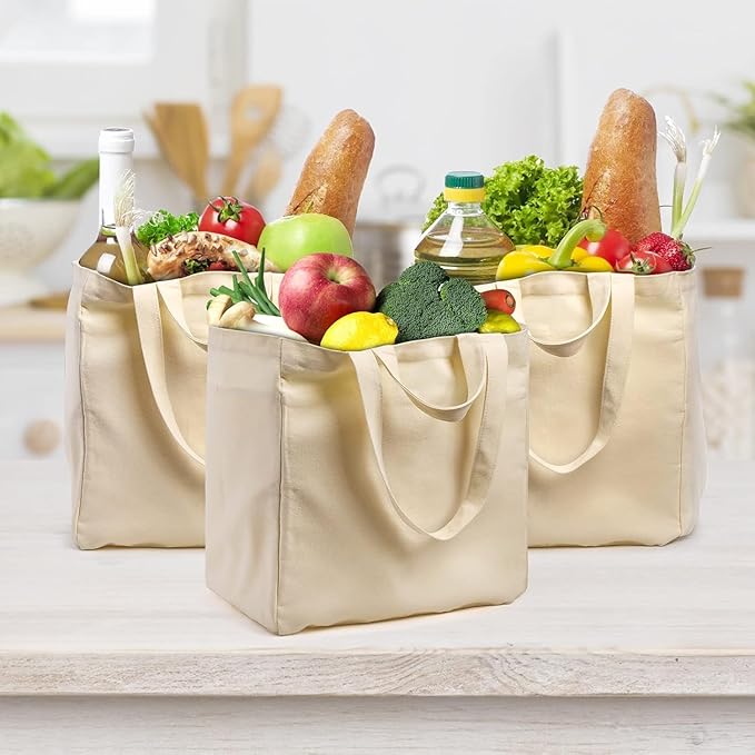 Tosnail 3 Pack Canvas Grocery Tote Bags with Bottle Sleeves, 14 x 9.75 x 15 Inches Large Reusable Shopping Bags with Long Shoulder Strap and Short Handles, Heavy Duty Cloth Bags