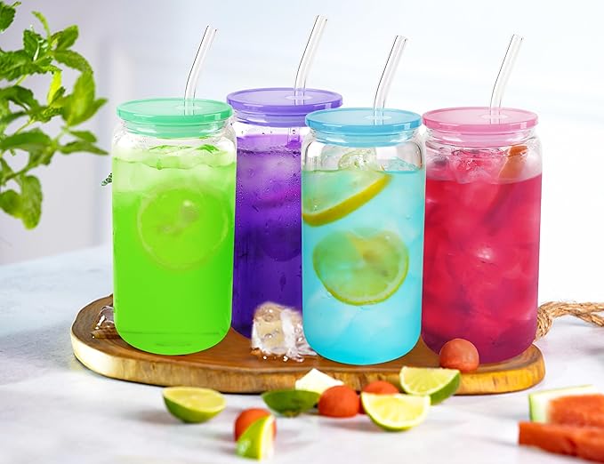 Joyclub 4 Pack Acrylic Lids for 16 oz /20 oz Glass Cups with Bamboo Lids and Straws Reusable Iced Coffee Cup Beer Can Drinking Glasses for Smoothie Whiskey Boba Soda Tea Gift (Candy Color)
