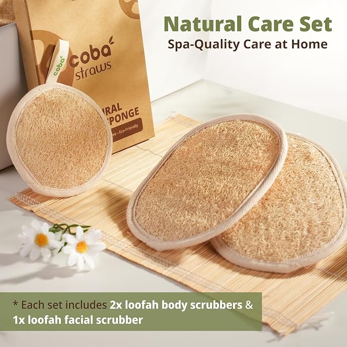 Natural Loofah Care Set – Exfoliating Body Scrubber Pads & Exfoliating Facial Scrubber | 100% Plant-Based Shower Luffa Sponge | Bath Loofah for Women & Men