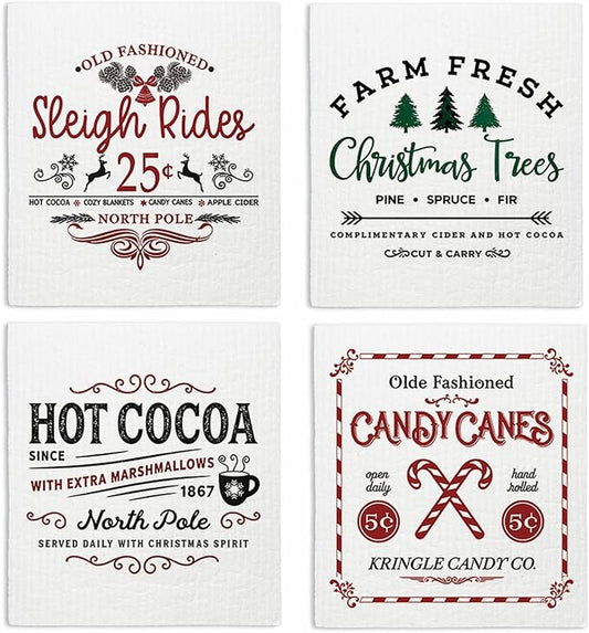Swedish Dishcloths for Kitchen, Christmas Xmas Tree Candy Winter Kitchen Dish Towels for Washing Dishes, 4 Pack Reusable Paper Towels, Sponge Cloths for Holiday Baking Cooking Home Cleaning