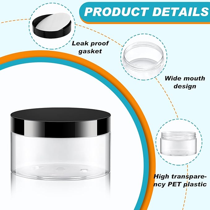 Dandat 24 Pcs 8 oz Plastic Jar Container with Lid and Label Refillable Empty Round Clear PET Cosmetic Sample Containers for Lotion, Cream, Ointments, Body Butter, Makeup, Travel Storage