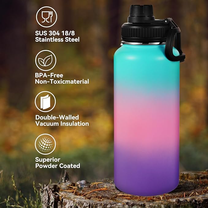 Neihepal 32 oz Insulated Water Bottle with 2 Lids (Straw & Spout Lid), 18/8 Stainless Steel Double Wall Water Bottles for Gym, Travel, Camping, Sports (Gradient Color,1Pack)