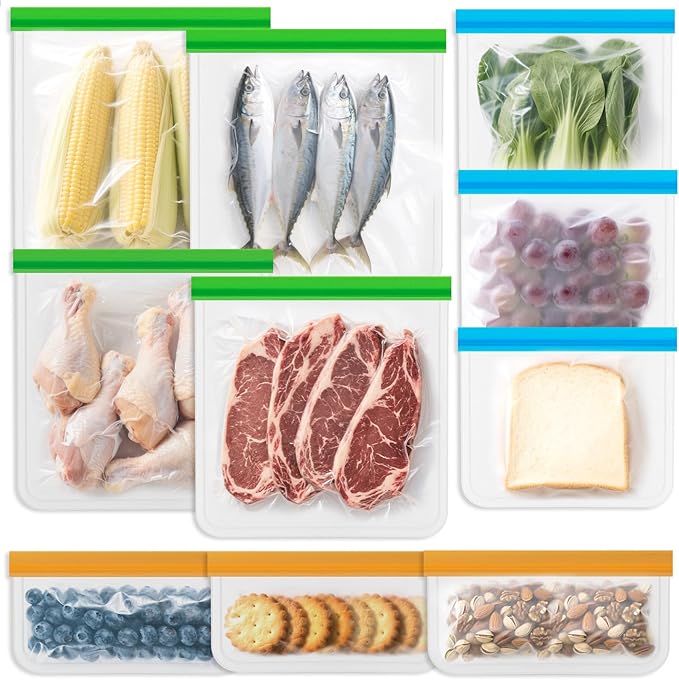 Reusable Food Storage Bags - 10 Pack Freezer Bags - Extra Thick Preservation Bags, Leakproof Silicone Bag for Meal Prep, Kitchen Organization - 4 Gallon 3 Sandwich 3 Snack Bags