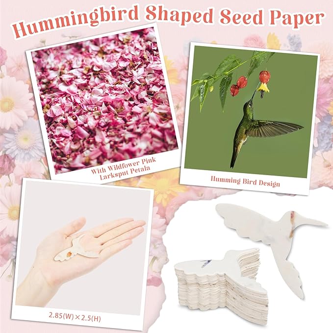 50 Pcs Handmade Seed Paper Plantable Wildflower Seed Paper Recycled Flower Petals Tags Wedding Favors for Guests Craft Gifts Cards for Envelope Birthday Party, 5 Styles (Hummingbird Shape)