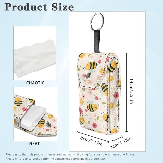 Bee Flower Tissues Purse Pocket Canvas Purse Tissue Packs Snap Button Enclosed Portable Tissue Holder for Office Travel Daily Outgoing