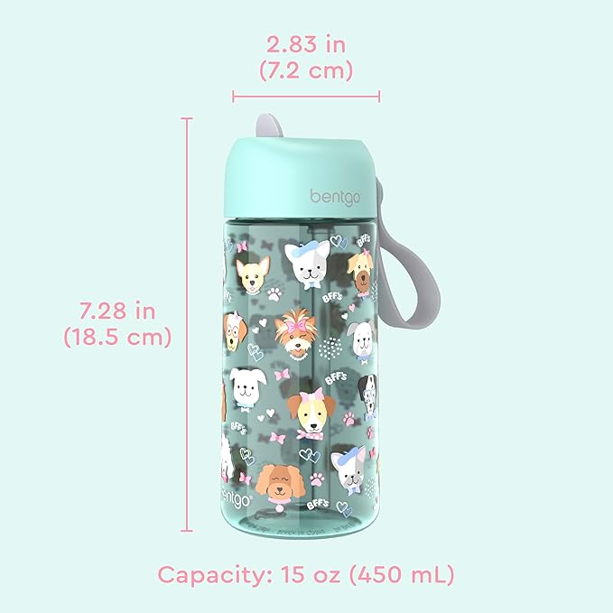 Bentgo Kids Water Bottle - Leak-Proof, Durable Tritan, BPA-Free 15 oz. Cup for Kids/Toddlers Ages 3+, Safe Sip Spout, Carrying Handle, & Dishwasher Safe for School, Sports, Daycare & Camp (Puppy Love)