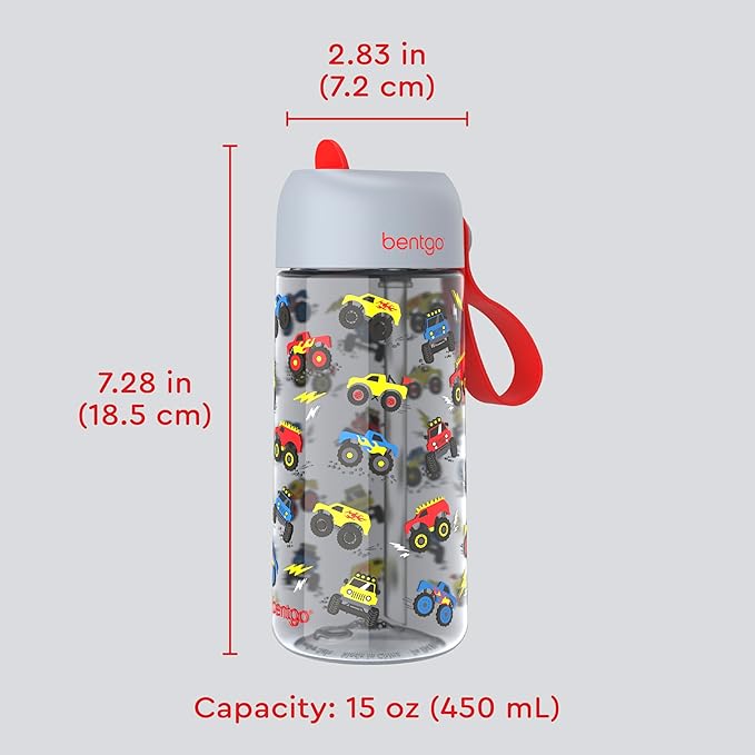Bentgo Kids Water Bottle - Leak-Proof, Durable Tritan, BPA-Free 15 oz. Cup for Kids/Toddlers Ages 3+, Safe Sip Spout, Carrying Handle, & Dishwasher Safe for School, Sports, Daycare & Camp (Trucks)