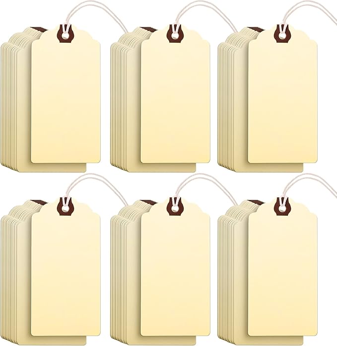 Outus 60 Pcs 4 3/4-in x 2 3/8-in Blank Large Paper Gift Tags with String and Reinforced Eyelet Wire Writable Price Tags Shipping Labels Inventory Labels(Ivory)