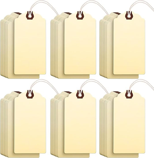 Outus 60 Pcs 4 3/4-in x 2 3/8-in Blank Large Paper Gift Tags with String and Reinforced Eyelet Wire Writable Price Tags Shipping Labels Inventory Labels(Ivory)
