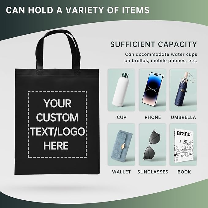Custom Tote Bags Set of 50, Bulk Pack Grocery Shopping Travel Business Activities advertisement Reusable Bag