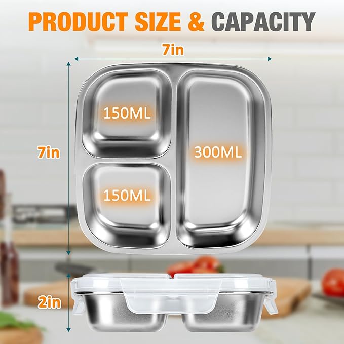 RAOOKIF Stainless Steel Snack Containers With Lids, 3 Compartment Leak-proof Food Storage Containers, 20 oz Reusable Grab and Go Snack Box for School, Home, Office, and Camping, Dishwasher-Safe