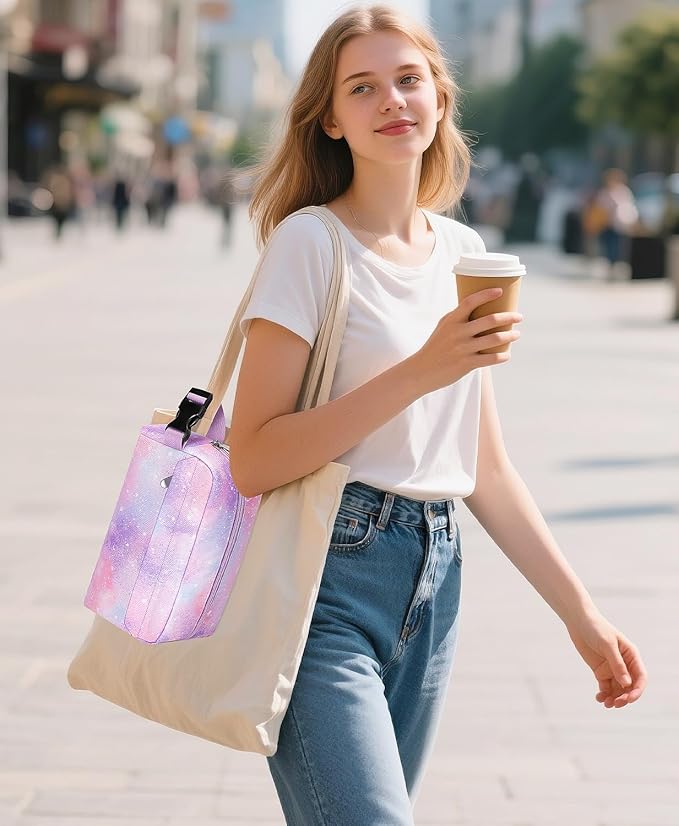 Small Insulated Snack Bag Lunch Box,Collapsible Reusable Small Lunch Bag with Snap Buckle Handle for Beach Travel Picnic,Pink Starry Sky 5-Can(3L)
