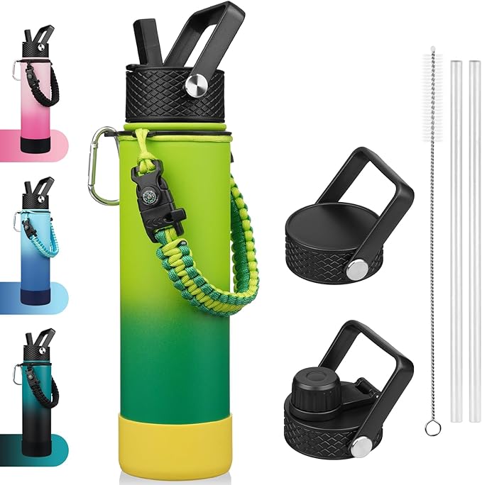 BJPKPK 27oz Insulated Water Bottles with 3 Lids, Paracord Handle & Non-slip Boot,Metal Water Bottle with Straw, BPA Free Leak Proof Thermal Flasks, Tumblers,Bamboo Grove