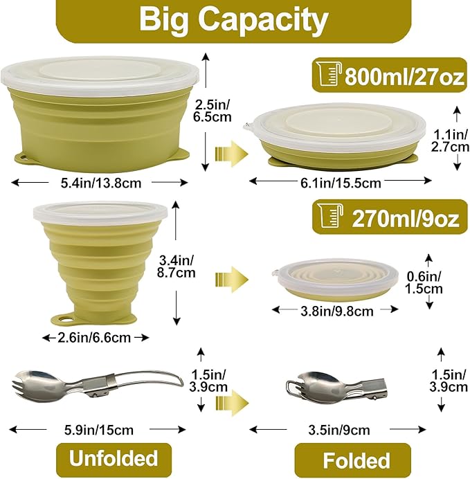 Mess Kit for Camping Silicone Collapsible Bowl Collapsible Cup and Stainless Steel Spoon for Backpacking Outdoor Hiking Traveling and Picnic - 4 Pack