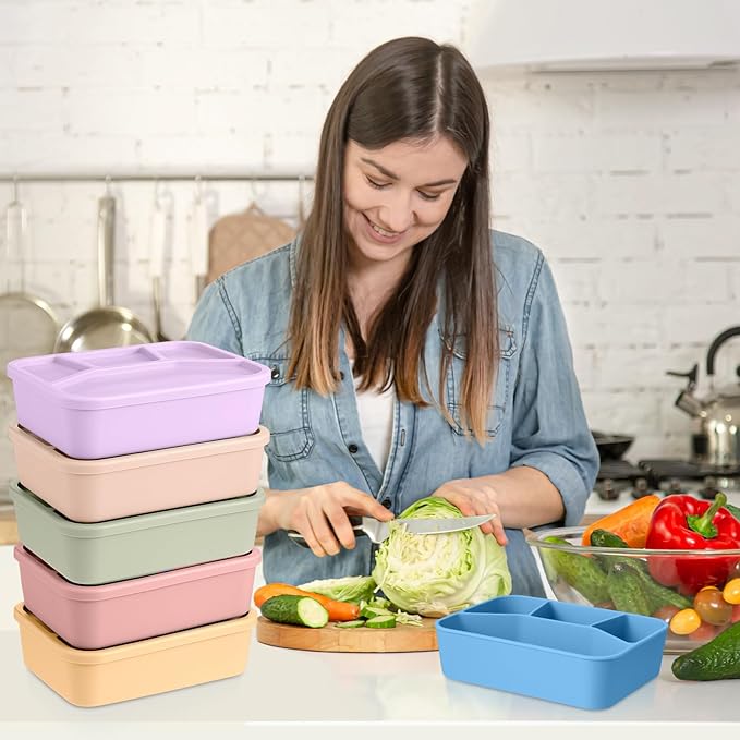 Honeydak 6 Pcs Silicone Bento Box Reusable Lunch Container 4 Compartment Snack Boxes with Lid Smooth LeakProof Rectangle Food Boxes for Adult Work Travel Food Storage (Bright Color)