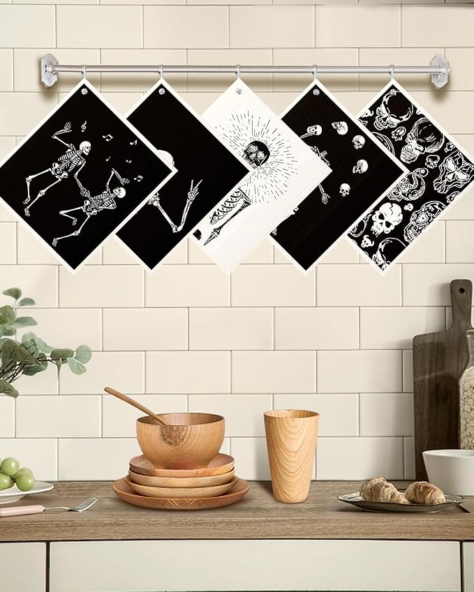 Swedish Dishcloths for Kitchen with Hooks - Reusable Dish Cloths for Washing Dishes Fast Drying Cute Fun 5 Pack Swedish Dish Towels Washable Cleaning Sponge, Dancing Skeleton