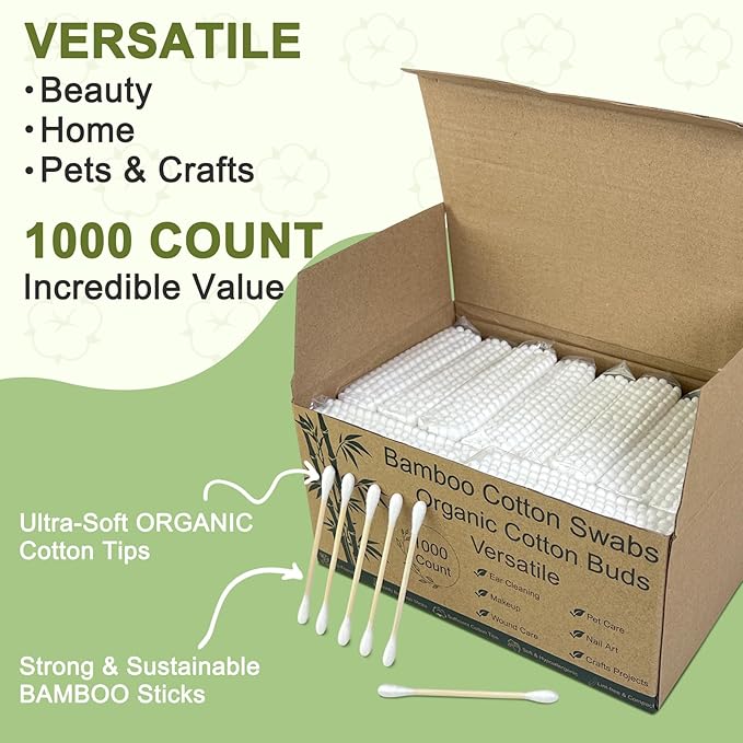 Bamboo Cotton Swabs - Biodegradable Double-Tipped Organic Cotton Buds with Wooden Sticks for Makeup, Personal Care, Ear Cleaning and Pet Grooming (1000 Count)