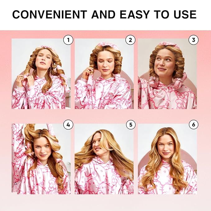 Hello Kitty x Kitsch XL Satin Heatless Curling Set- Heatless Hair Curler To Sleep In for Frizz-Free & Soft Curls, Comes with Bow Shape Design Hair Claw and Satin Scrunchies, Gifts for Women, 4pc Set