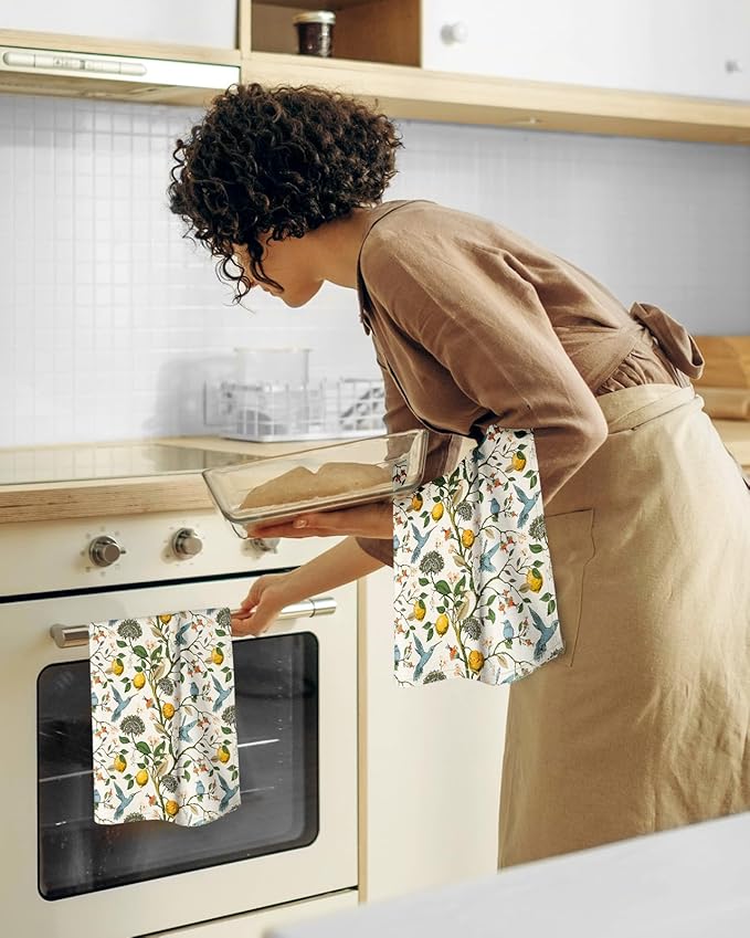 Flour Sack Kitchen Towels Set of 2-18x26 Cotton Dish Towels with Hanging Loop Reusable Tea Towel for Cleaning Spring Absorbent Dishcloths Cute Home Decor Housewarming, Lemon Birds