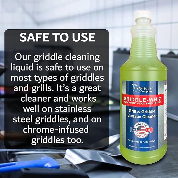 Griddle-Whiz Grill & Griddle Cleaner (4-Pack) | Removes Grease, Food Residue, Burnt On Organics | High Heat Flat Top Grill Cleaner, Food Contact Surface | Non-Caustic Formula by FryOilSaver (32oz)