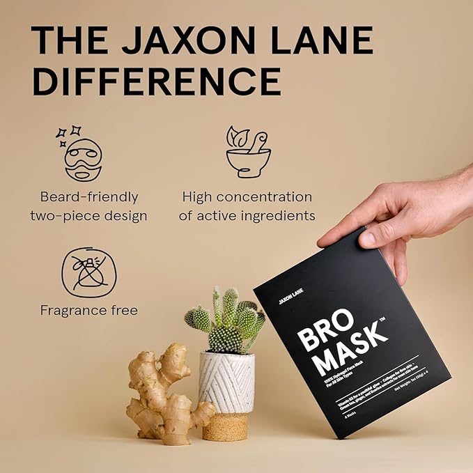 JAXON LANE BRO MASK Premium Korean Face Mask for Men (4 x 1 Pack) - Anti Aging Sheet Masks w/Hydrogel, Vitamin C, Hydrolyzed Collagen, & Hyaluronic Acid - Perfect Skin Care Stocking Stuffers for Men