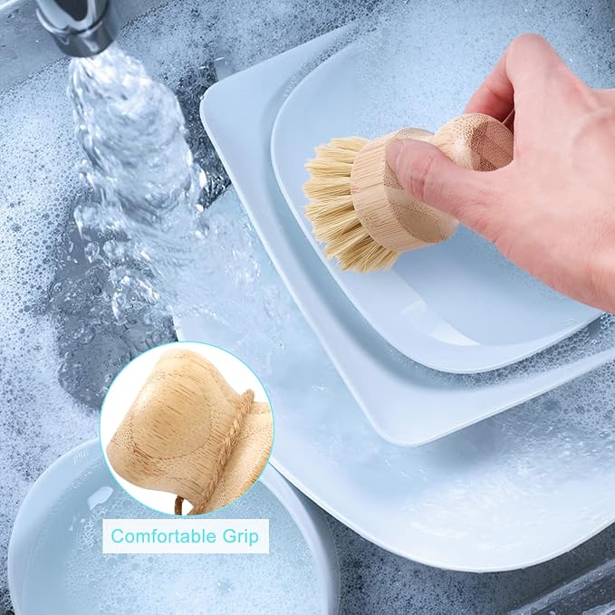 Bamboo Dish Brush Set, 2 Pcs Palm Wooden Dish Scrubber Brush, Dish Brushes, Durable Wood Dishes Scrub Brush, Natural Round Vegetable Cleaning Pots Pans Sink Washing Kitchen Brush