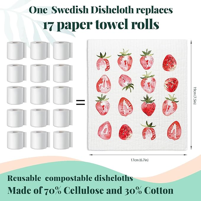Strawberries Swedish Dishcloths for Kitchen, Pink Swedish Dish Cloths for Friut, Papaya Reusable Paper Towels, 4 Pack Cleaning Cloth for Kitchen, Reusable Paper Towels Washable