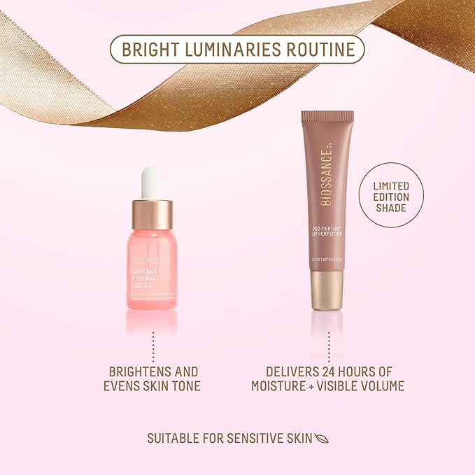 Biossance Bright Luminaries Set – Vitamin C Rose Oil & Lip Perfector Travel Duo for Brighter, Hydrated Skin and Lips | Limited-Edition Gift Set ($47 Value)