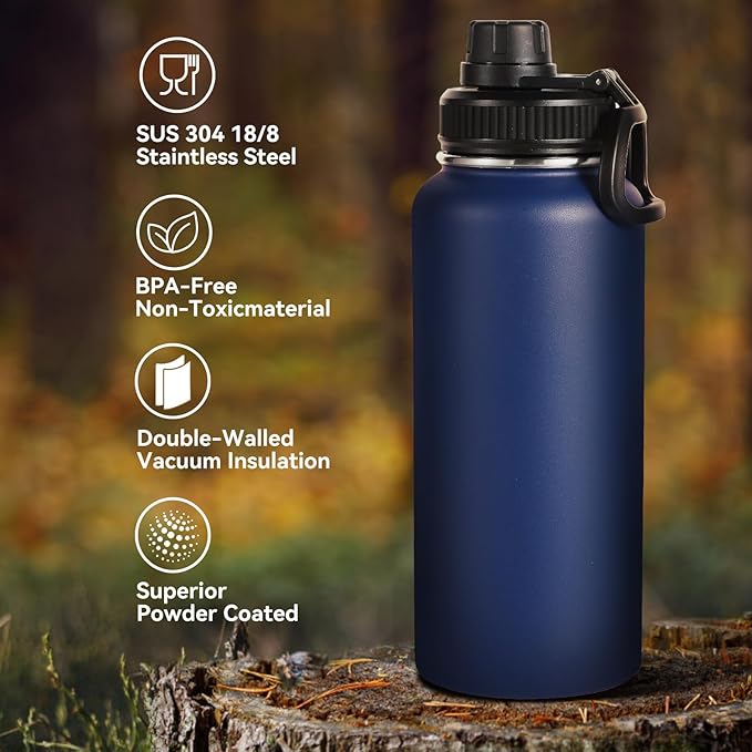 Neihepal 32 oz Insulated Water Bottles Bulk with 2 Lids (Straw & Spout Lid), Stainless Steel Double Wall Water Bottle, Keeps Cold 24H & Hot 12H (Navy,8 Pack)
